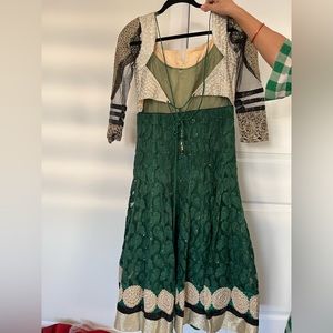 Very gorgeous long sleeves bottle green golden anarkali gown backless! Size 38